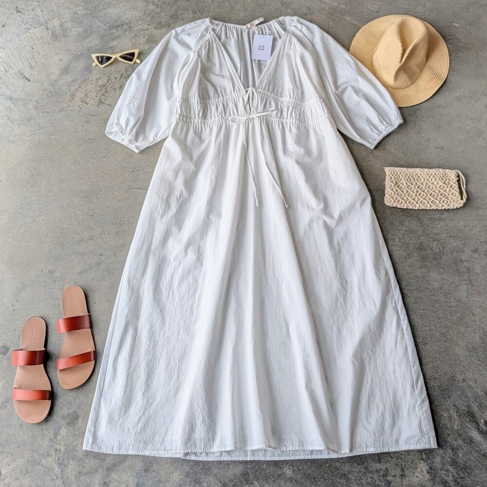 Wayf Angela Ruched Midi Dress Balloon Sleeve V-Neck White NWT large